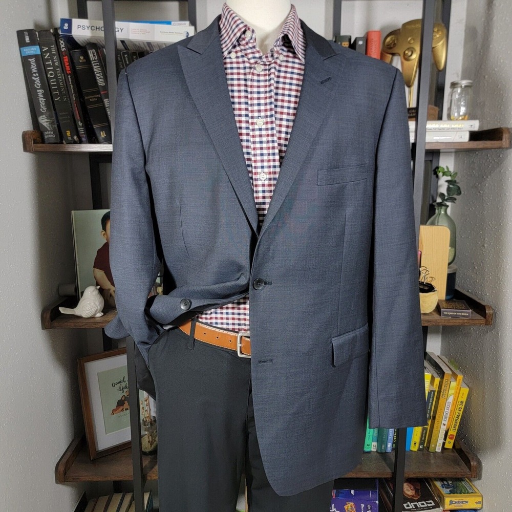 Perry Ellis Men's Sport Coat Blazer Two Button Solid Gray Wool‎ Peak Size 46L